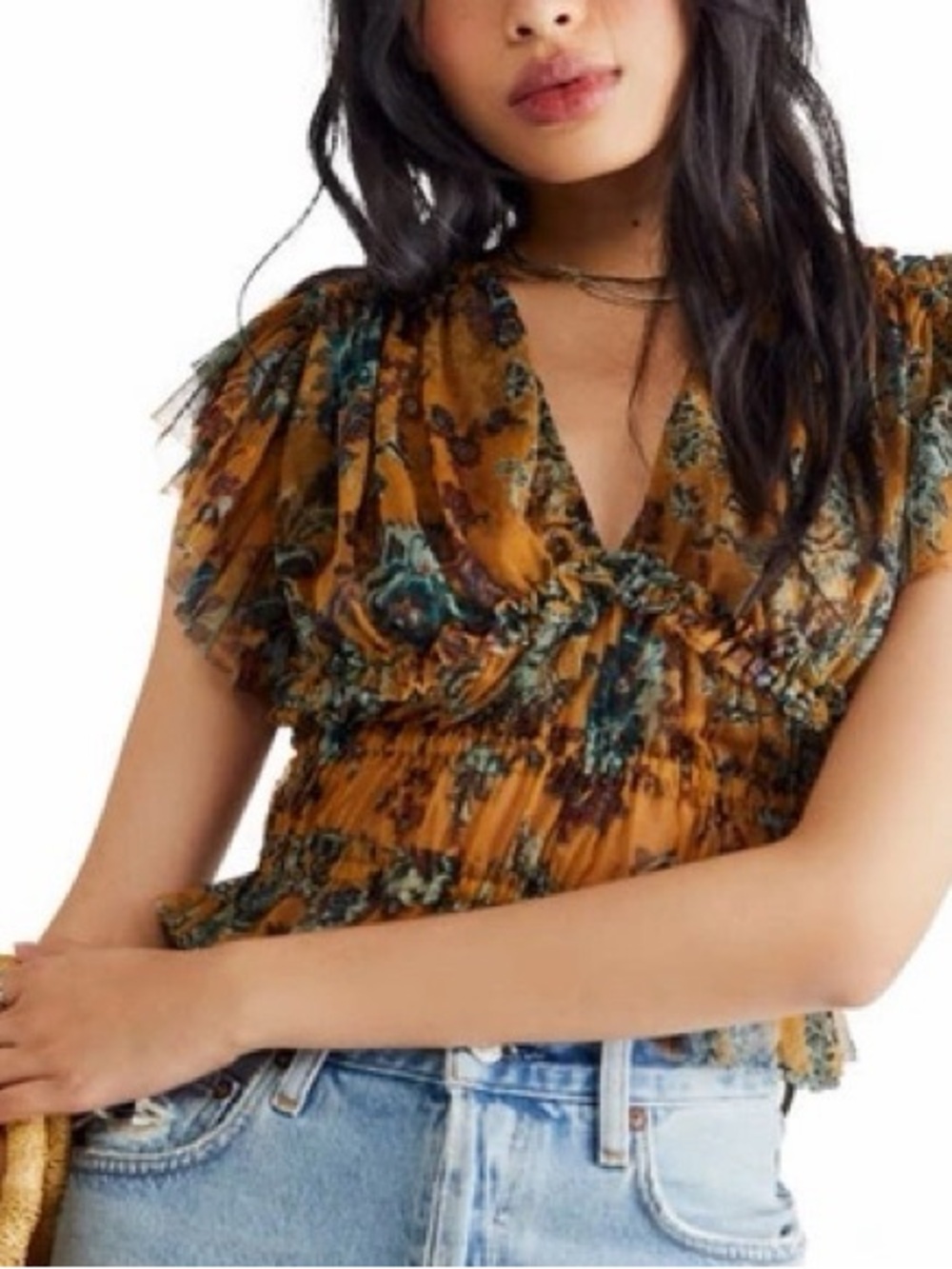 Free People Floral V-Neck Smocked Blouse